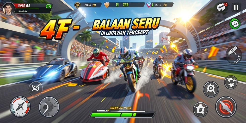 Tangkapan layar menunjukkan aksi balapan yang mendebarkan dalam 47F.