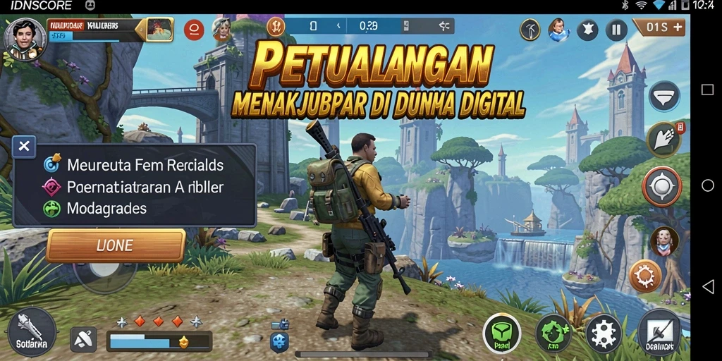 Tangkapan layar utama IDNSCORE menunjukkan aksi seru dalam gameplay petualangan.