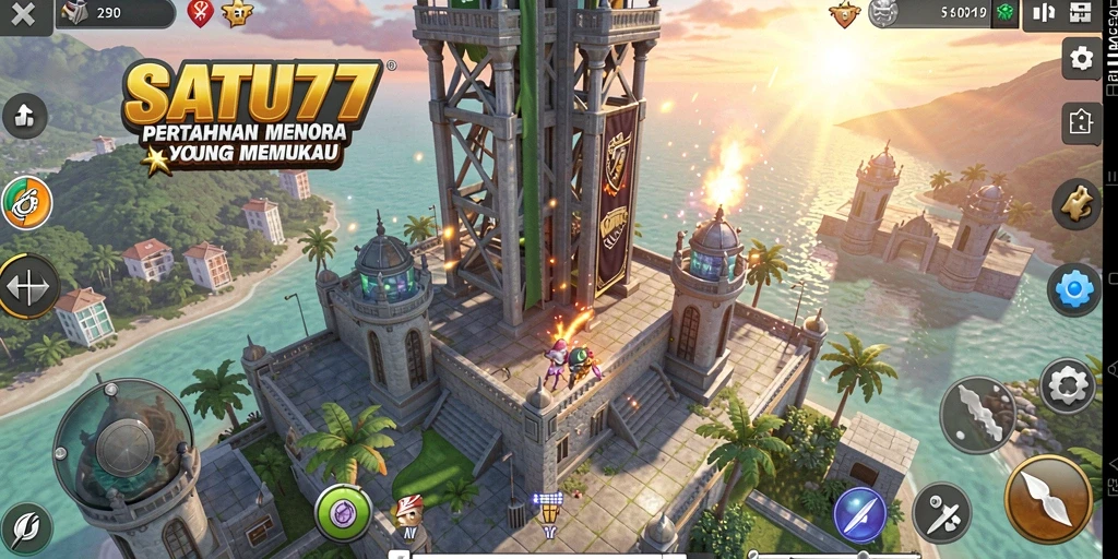 Screenshot gameplay SATU77 menunjukkan menara bertahan yang strategis.